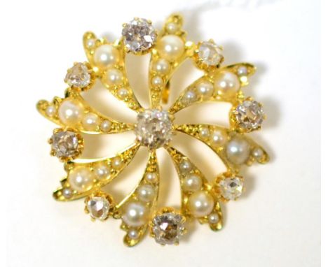 A diamond and split pearl pendant, an old cut diamond in yellow claw setting with radiating scrolls set with seed pearls, alt