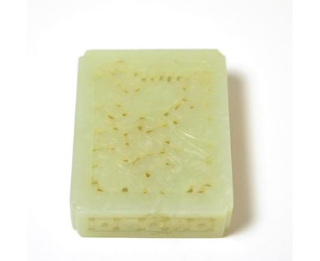 A jade box with foliate pierced decoration, 6cm high, with stand 