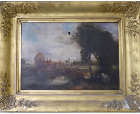 Norwich School (19th century) Village beside a canal with a figure at the loch gate, oil on canvas, 53cm by 76cm