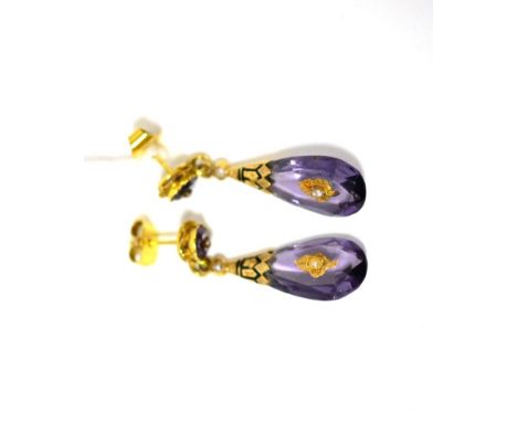 A pair of amethyst and pearl drop earrings, the round cut amethyst in a crimped setting with a pearl set centrally, suspendin