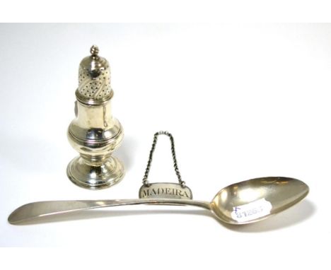 A George III silver caster, 1775, together with an 1806 silver ''Madeira'' decanter label and a Scottish provincial silver se