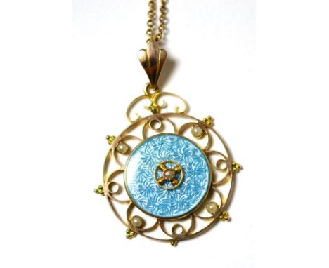 A blue enamelled and split pearl pendant on chain, a blue guilloche enamel disc set centrally with a seed pearl, within a see