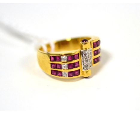 A ruby and diamond ring, a central bar pavé set with round brilliant cut diamonds and a cabochon ruby to each end, flanked by