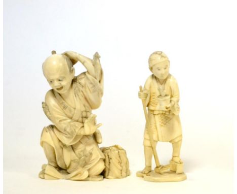 Japanese ivory okimono, Meiji period, as a seated rat catcher, 10cm high; and a similar figure of a gardener, 10cm high (2) S