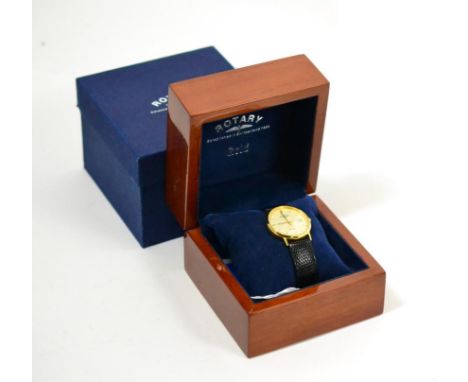 An 18ct gold calendar centre seconds wristwatch, signed Rotary, model: Elite, circa 2007, quartz movement, silvered dial with