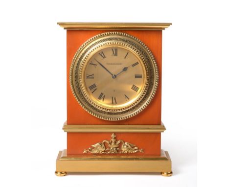 A French Empire style mantel timepiece, signed Jaeger LeCoultre, circa 1970, case with brass mounts, 3-inch gilt coloured dia