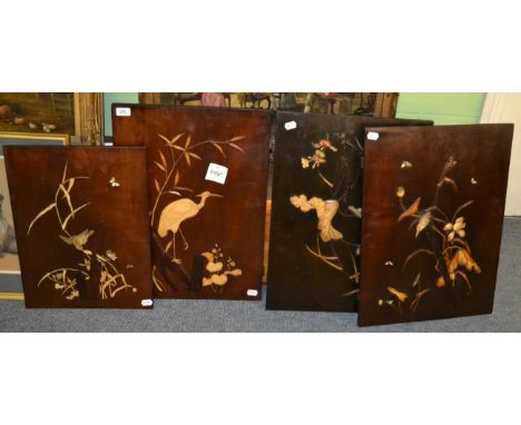 &gt;A group of five Japanese bone and mother-of-pearl applied panels, Meiji Period, each signed and decorated with birds amon