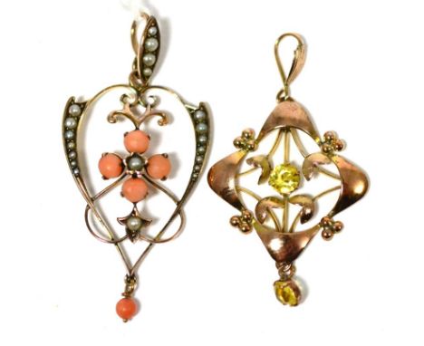A coral and seed pearl pendant, coral within a seed pearl set frame, suspending a coral bead drop, measures 4.5cm by 2.2cm an