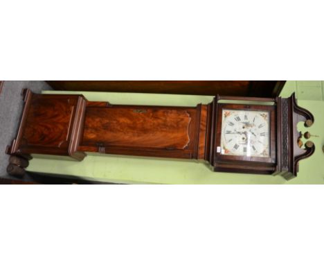 A mahogany eight day longcase clock, Jas Lomax, Blackburn, circa 1800, swan neck pediment, fluted pilasters, 13-inch painted 