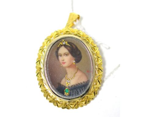 A stone set miniature brooch/pendant, the portrait of a lady inset with diamonds and an emerald, measures 3.4cm by 5cm Good c