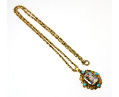 A portrait miniature pendant of a lady in a scrollwork frame set with four turquoise cabochon, measures 2.6cm by 3.8cm, in a 