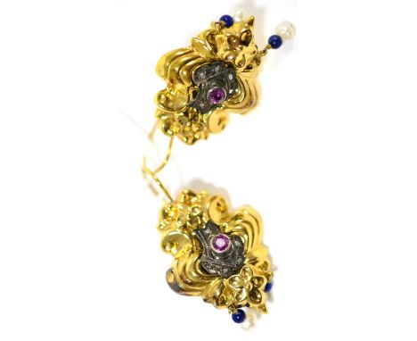 A pair of drop earrings, with floral decoration, inset with a ruby and rose cut diamonds, two lapis lazuli and cultured pearl