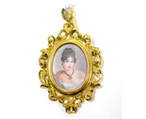 A stone set miniature pendant, the portrait of a lady inset with diamonds, measures 3.5cm by 5.9cm Brooch pin missing. Stampe