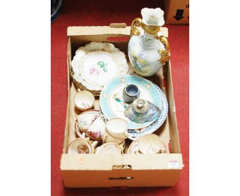 A box of miscellaneous items, to include 19th century Sunderland lustre teawares, Irish porcelain ceramic open salt in the fo