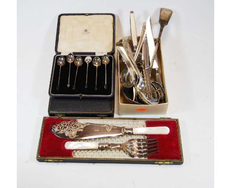 Assorted cased and loose flatware to include silver coffee bean spoons, fish servers, etc