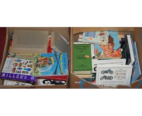 Two boxes of miscellaneous books to include The Ultimate Motorcycle Book, Millers Guide, Daily Mail Boys Annual etc