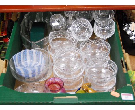 A box containing a collection of glassware and ceramics, to include a Nailsea type glass hexagonal bowl and a Loetz style iri