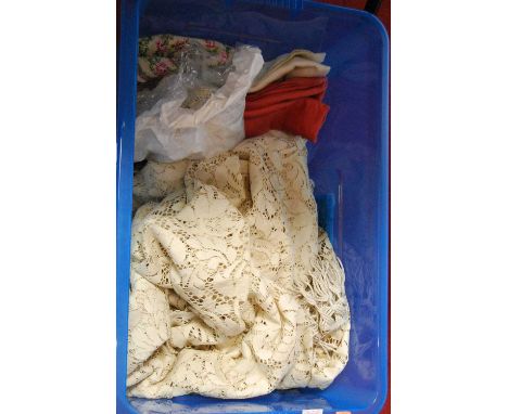 A box of assorted textiles, to include crocheted work, table  cloth, assorted linen, doilies, curtain ties etc 
