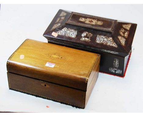 An early Victorian rosewood and mother of pearl inlaid tea caddy, of sarcophagus form, having later velvet lined interior, w.