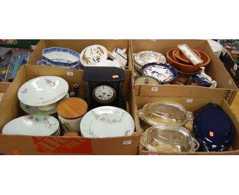 Four boxes of miscellaneous items to include late Victorian black slate and marble cased mantel clock (a/f), Victorian transf