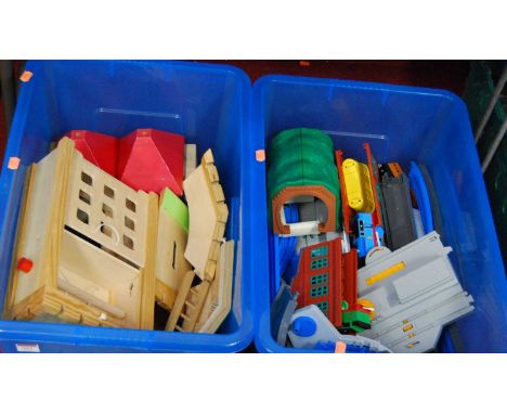 A modern pine puppet theatre, with related accessories, a Tomy Thomas the Tank train set etc 