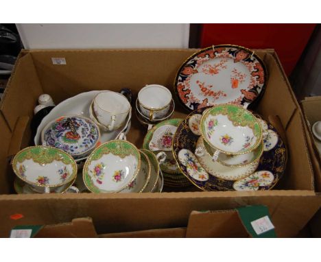 Two boxes of miscellaneous china to include Shelley Melody pattern part tea service, Japanese eggshell tea service, Paragon H