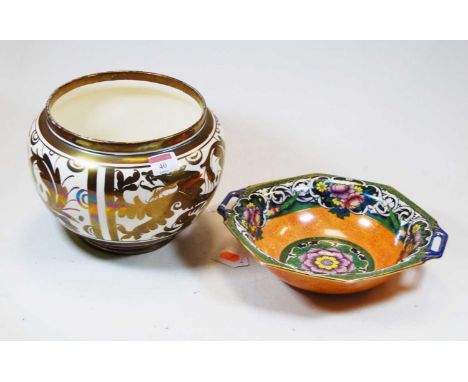 An A.E. Gray Gloria lustre jardinière, decorated with rampant lions, of globular form, h.17cm; together with a New Hall lustr