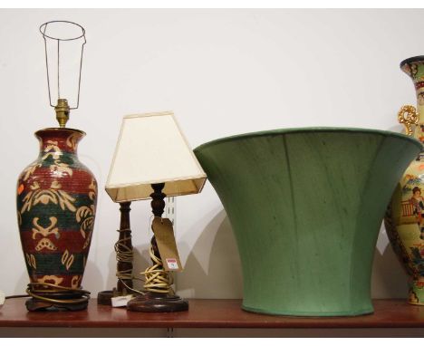 A 20th century oak barleytwist table lamp; together with another and a modern ceramic table lamp, the largest h.63cm (includi