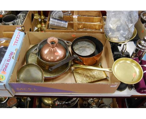 Assorted metal wares to include pan scale with weights, copper pan, eastern brass etc