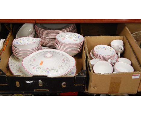 A Johnson Brothers part tea and dinner service, with floral decoration and pink borders