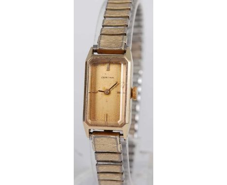 A lady's Certina 14ct gold cased tank watch, having Certina 13-22 manual wind 17-jewel movement, case w.15mm, on replacement 