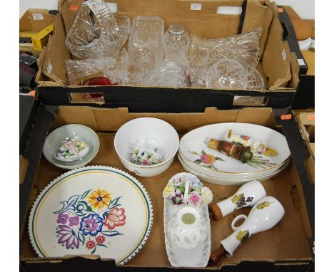 Three boxes to include cut glass decanters, baskets, bowls, assorted table china to include Poole, Denby, and Royal Worcester