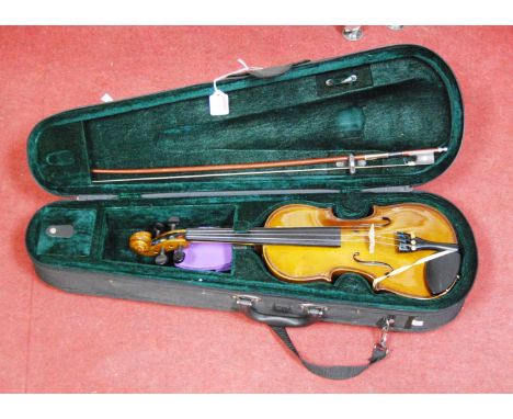 A modern Chinese Cremona students violin, having one-piece back and ebony fingerboard, with ebonised pegs, length 31.5cm (exc