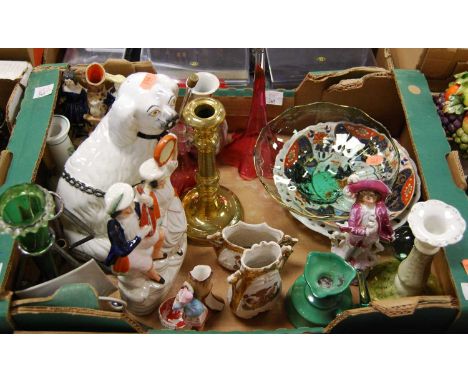 A box of miscellaneous items, to include Victorian Staffordshire flatback figure of a Highland couple, Victorian epergne stan
