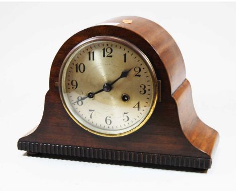 An early 20th century mahogany cased mantel clock, the silvered dial showing Arabic numerals, with 8-day movement, standing o