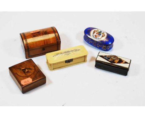 A circa 1900 ivory and piquet ware table snuff box together with a 19th century horn and tortoiseshell snuff box, olive wood 