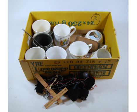 Assorted commemorative wares from the Coronation of George V and later, a Pelham Puppet, button hook, suede purse etc 