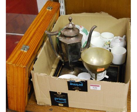 Mixed lot, to include chess and backgammon board with pieces, plated hot water pot, sundry chinawares etc 