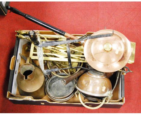 A box of miscellaneous 19th century and later metalware, to include brass trivet, fire tools, bed-warmers etc 