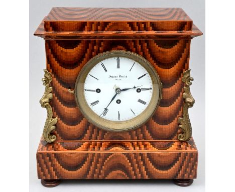 Stutzuhr, Wien, Mitte 19. Jh. Kastengehäuse Holz mit Marketterie-Intarsien. Bronzeappliken. Emaillezifferblatt min. besch., s
