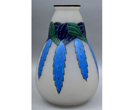 Art déco-Vase, Paris, Leune, um 1925 Farbloses Glas, matt, stilisierte florale Bemalung in Opakemailfarben Dunkelblau/ Grün/ 