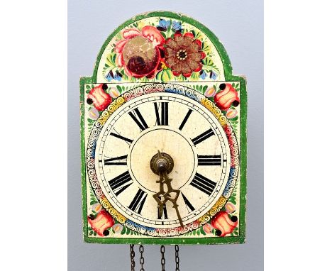 Schwarzwälder Lackschilduhr / Schottenuhr, 19. Jh. Lackschild mit Blumenmalerei, Zifferblatt mit römischen Ziffern, Holzkaste