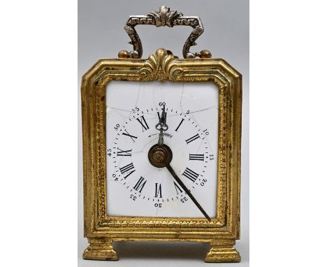 Wecker, Frankreich, 19. Jh. Emaillezifferblatt mit römischen Ziffern und arabischer Minuterie, Messinggehäuse, oberhalb mit R