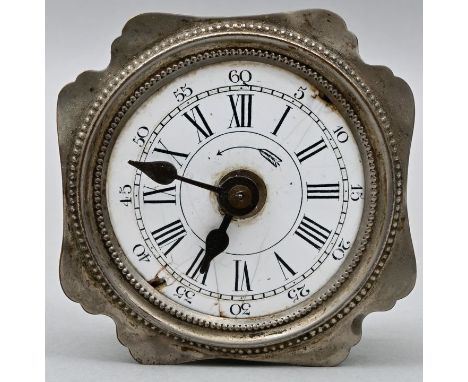 Wecker Emaillezifferblatt mit römischen Ziffern und arabischer Minuterie, Metallzeiger, Metallgehäuse oktogonal gearbeitet un