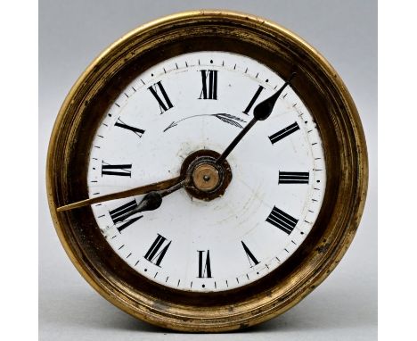 Reisewecker, Frankreich, 19. Jh. Emaillezifferblatt mit römischen Zahlen, Messingzeiger, Schlagwerk, rundes Messinggehäuse mi