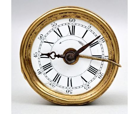 Wecker, 19. Jh. Emaillezifferblatt mit römischen Ziffern und arabischer Minuterie, Messingzeiger, Schlagwerk, rundes Messingg