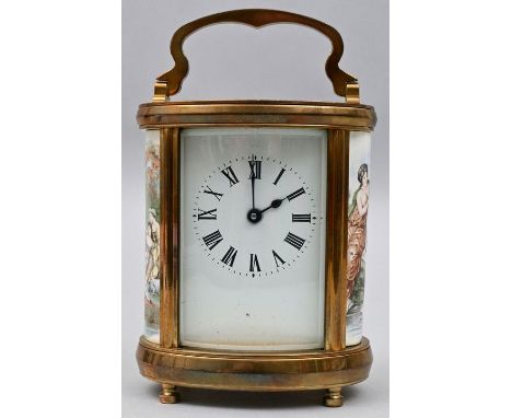 Reiseuhr, Frankreich, um 1900, in Teilen 20. Jh. Messinggehäuse mit ovalem Durchmesser, Deckplatte, Front und Rückseite vergl