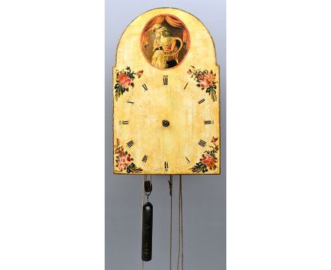 Schwarzwälder Lackschilduhr mit Walzenspielwerk, 19. Jh. Lackschild mit Apfelrose und Darstellung einer Briefleserin, Zifferb