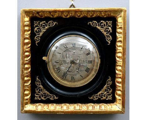 Rahmenuhr, 19. Jh. Kleine quadratische Wanduhr im vergoldeten Eierstabrahmen mit ebonisiertem Holz-Inlay. Federzugwerk mit rü