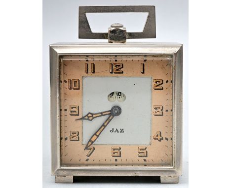 Wecker, Frankreich, circa 1930 Art Déco, Hersteller JAZ (auf dem Zifferblatt und rückseitig) bezeichnet, Zifferblatt mit arab